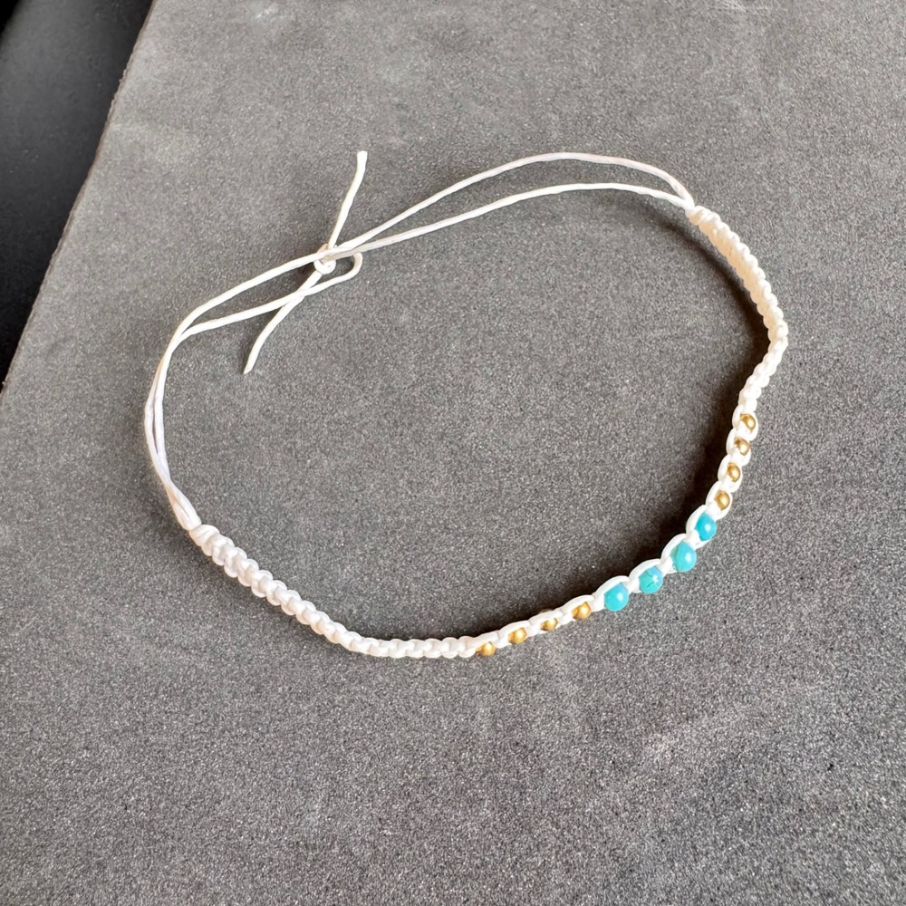 White Macrame Beaded Adjustable Choker Bracelet Turquoise Gold Tone Boho